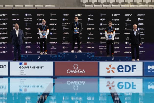 Men 10m platform diving final European Aquatics Championships - Saint-Denis Silver medallist Germany s diver Jaden Shiloh Eikermann Gregorchuk, gold medallist Neutral Athletes diver Ruslan Ternovoi and bronze medallist Germany s diver Ole Johannes Rosler celebrate on the podium after the men s 10m platform diving final event during the LEN European Aquatics Championships, at the Olympic Aquatics Centre in Saint-Denis, northeastern suburbs of Paris on August 6, 2026. Photo by Raphael Lafargue ABACAPRESS.COM Saint-Denis France  Copyright: xLafarguexRaphael ABACAx