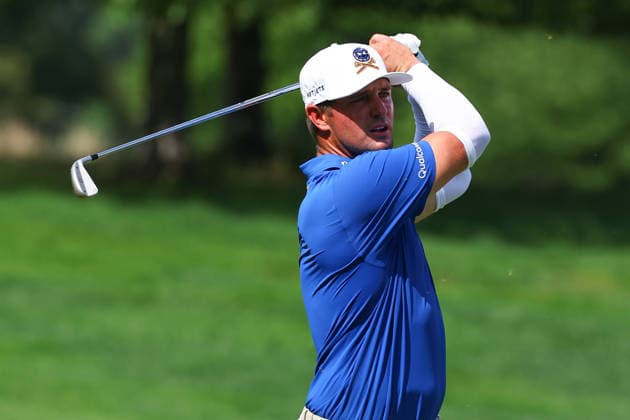 BEDMINSTER, NJ - AUGUST 06: Bryson DeChambeau, Crushers GC captain of the LIV Golf League hits from the 9th fairway during the first round of LIV Golf New York on August 6, 2026 at Trump National Golf Club in Bedminster, New Jersey. (Photo by Rich Graessle Icon Sportswire) GOLF: AUG 06 LIV Golf New York EDITORIAL USE ONLY Icon260806298811