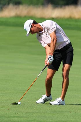 BEDMINSTER, NJ - AUGUST 06: Joaquin Niemann, Torque GC captain of the LIV Golf League hits from the 9th fairway during the first round of LIV Golf New York on August 6, 2026 at Trump National Golf Club in Bedminster, New Jersey. (Photo by Rich Graessle Icon Sportswire) GOLF: AUG 06 LIV Golf New York EDITORIAL USE ONLY Icon260806298901