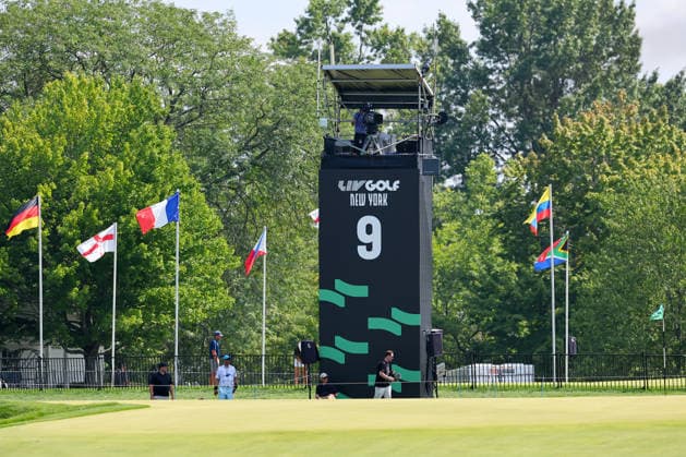 BEDMINSTER, NJ - AUGUST 06: A general view of LIV Golf Signage on the 9th hole during the first round of LIV Golf New York on August 6, 2026 at Trump National Golf Club in Bedminster, New Jersey. (Photo by Rich Graessle Icon Sportswire) GOLF: AUG 06 LIV Golf New York EDITORIAL USE ONLY Icon260806299111