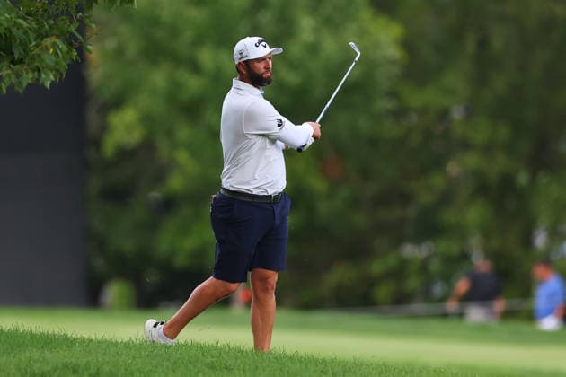 BEDMINSTER, NJ - AUGUST 06: Jon Rahm captain of Legion XIII plays from the 9th rough during the first round of LIV Golf New York on August 6, 2026 at Trump National Golf Club in Bedminster, New Jersey. (Photo by Rich Graessle Icon Sportswire) GOLF: AUG 06 LIV Golf New York EDITORIAL USE ONLY Icon260806299301