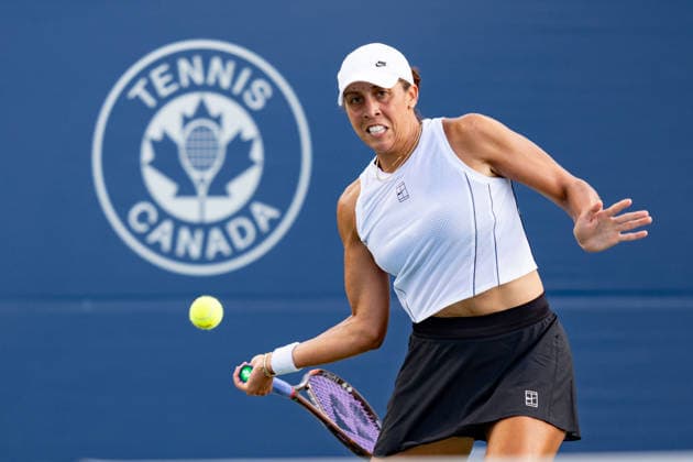 TORONTO, ON - AUGUST 06: Madison Keys of the United States returns a shot during her match at the WTA, Tennis Damen National Bank Open tournament on August 6, 2026 at Sobeys Stadium in Toronto, ON, Canada (Photo by Julian Avram Icon Sportswire) TENNIS: AUG 06 National Bank Open EDITORIAL USE ONLY Icon2608060049