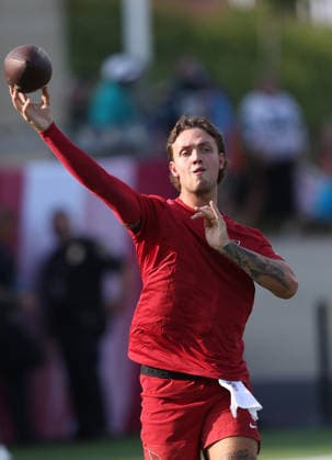 Arizona Cardinals quarterback Carson Beck (19) throws a pass before the Cardinals preseason game against Carolina Panthers in the Pro Football Hall of Fame Game in Canton, Ohio, on Thursday, August 6, 2026.  CAN20260806108 AARONxJOSEFCZYK