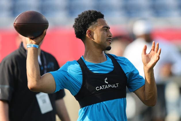 Carolina Panthers quarterback Bryce Young (9) throws a pass before the Panthers preseason game against the Arizona Cardinals in the Pro Football Hall of Fame Game in Canton, Ohio, on Thursday, August 6, 2026.  CAN20260806109 AARONxJOSEFCZYK