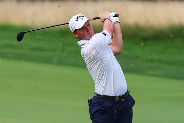 BEDMINSTER, NJ - AUGUST 06: Caleb Surratt of Legion XIII plays from the 9th fairway during the first round of LIV Golf New York on August 6, 2026 at Trump National Golf Club in Bedminster, New Jersey. (Photo by Rich Graessle Icon Sportswire) GOLF: AUG 06 LIV Golf New York EDITORIAL USE ONLY Icon260806299681