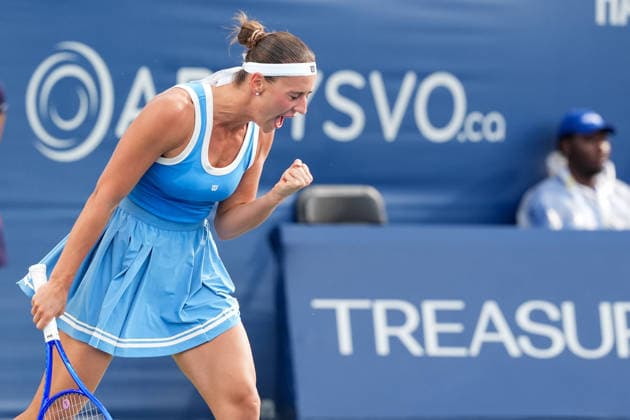 WTA, Tennis Damen Masters 1000 National Bank Open Toronto 2026 - Round of 32 - Day 6 Marta Kostiuk of Ukraine celebrates after a point during the Women™s Singles round of 32 match against Madison Keys of United States on day 6 of the WTA Masters 1000 National Bank Open at Sobeys Stadium on August 6, 2026, in Toronto, Canada. (Photo by Leonardo Ramirez Eyepix Group) Copyright: xLeonardoxRamirezx xEyepixxGroupx LR_06082026_08861