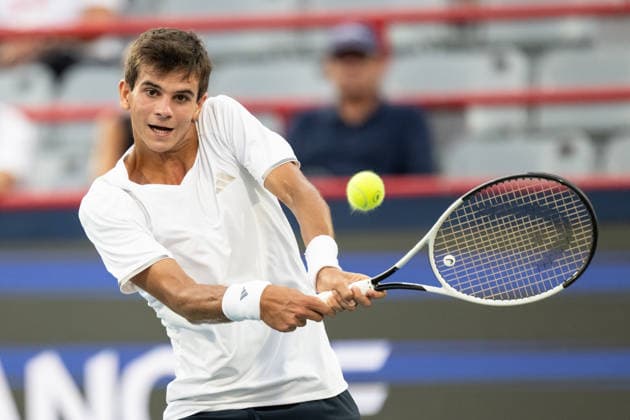 MONTREAL, QC - AUGUST 06: Raphael Jodar from Spain returns the ball against Lorenzo Musetti from Italia during their singles third round match on day five of the ATP, Tennis Herren 1000 National Bank Open presented by Rogers at Stade IGA on August 6, 2026 in Montreal, Quebec, Canada.(Photo by Vincent Ethier Icon Sportswire) TENNIS: AUG 06 National Bank Open EDITORIAL USE ONLY Icon2608066119