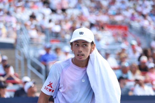 ATP, Tennis Herren Masters 1000 National Bank Open Montreal 2026 - Round of 32 - Day 6 Ãlex de Minaur of Australia reacts during the Men™s round of 32 match against Cameron Norrie of United Kingdom on day 6 of the ATP Masters 1000 National Bank Open at IGA Stadium. on August 6, 2026, in Montreal, Canada. (Photo by Horacio Zamora Eyepix Group) Copyright: xHoracioxZamorax xEyepixxGroupx HZ_06082026_194190