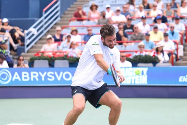 ATP, Tennis Herren Masters 1000 National Bank Open Montreal 2026 - Round of 32 - Day 6 Cameron Norrie of United Kingdom plays a backhand during the Men™s round of 32 match against Ãlex de Minaur of Australia on day 6 of the ATP Masters 1000 National Bank Open at IGA Stadium. on August 6, 2026, in Montreal, Canada. (Photo by Horacio Zamora Eyepix Group) Copyright: xHoracioxZamorax xEyepixxGroupx HZ_06082026_194166