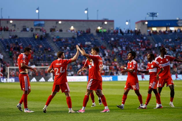 Players of Chicago celebrate a goal in a Leagues Cup match between Chicago Fire and Necaxa at the SeatGeek stadium in Bridgeview, United States, 06 August 2026. Leagues Cup - Chicago Fire vs Necaxa !ACHTUNG: NUR REDAKTIONELLE NUTZUNG!  Copyright: xKamilxKrzaczynskix AME6680 20260807-55021089641_1