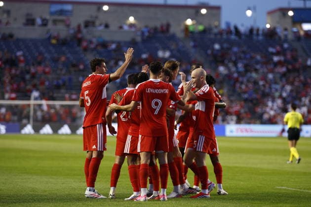 Players of Chicago celebrate a goal in a Leagues Cup match between Chicago Fire and Necaxa at the SeatGeek stadium in Bridgeview, United States, 06 August 2026. Leagues Cup - Chicago Fire vs Necaxa !ACHTUNG: NUR REDAKTIONELLE NUTZUNG!  Copyright: xKamilxKrzaczynskix AME6681 20260807-55021089642_1