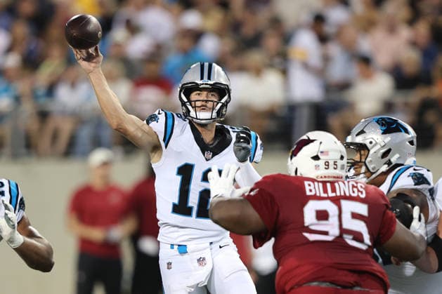 Carolina Panthers quarterback Kenny Pickett (12) throws a pass during the first quarter of the Panthers preseason game against the Arizona Cardinals in the Pro Football Hall of Fame Game in Canton, Ohio, on Thursday, August 6, 2026.  CAN20260806116 AARONxJOSEFCZYK