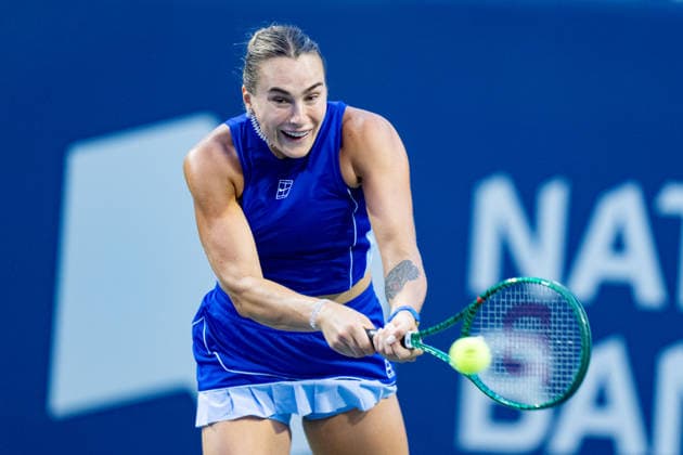 TORONTO, ON - AUGUST 06: Aryna Sabalenka of Belarus returns a shot during her match at the WTA, Tennis Damen National Bank Open tournament on August 6, 2026 at Sobeys Stadium in Toronto, ON, Canada (Photo by Julian Avram Icon Sportswire) TENNIS: AUG 06 National Bank Open EDITORIAL USE ONLY Icon2608060119