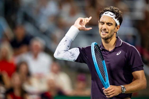 August 6, 2026, Montreal, Pq, Canada: Lorenzo Musetti of Italy reacts during his match with Rafael Jodar of Spain on day five of the National Bank Open tennis tournament in Montreal on Thursday, August 6, 2026. Canada News - August 6, 2026  - ZUMAc35_ 20260806_zaf_c35_099 Copyright: xChristopherxKatsarovx