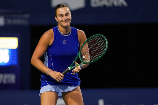 WTA, Tennis Damen Masters 1000 National Bank Open Toronto 2026 - Round of 32 - Day 6 Aryna Sabalenka of Belarusian reacts during the Women™s Singles round of 32 match against Zhang Shuai of China on day 6 of the WTA Masters 1000 National Bank Open at Sobeys Stadium on August 6, 2026, in Toronto, Canada. (Photo by Leonardo Ramirez Eyepix Group) Copyright: xLeonardoxRamirezx xEyepixxGroupx LR_06082026_194384