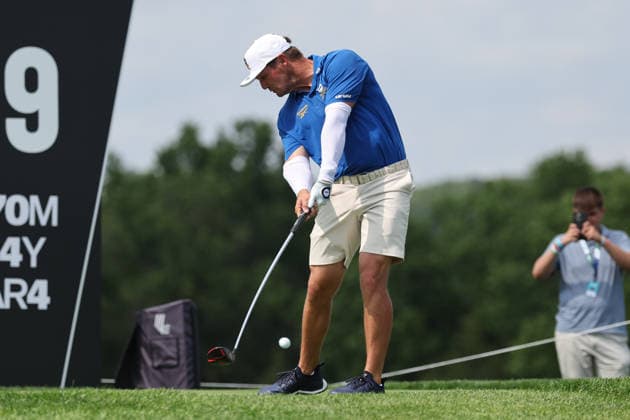 BEDMINSTER, NJ - AUGUST 06: Bryson DeChambeau of the LIV Golf League tees off on the 9th hole during the first round of LIV Golf New York on August 6, 2026 at Trump National Golf Club in Bedminster, New Jersey. (Photo by Andrew Mordzynski Icon Sportswire) GOLF: AUG 06 LIV Golf New York EDITORIAL USE ONLY Icon2608068128964