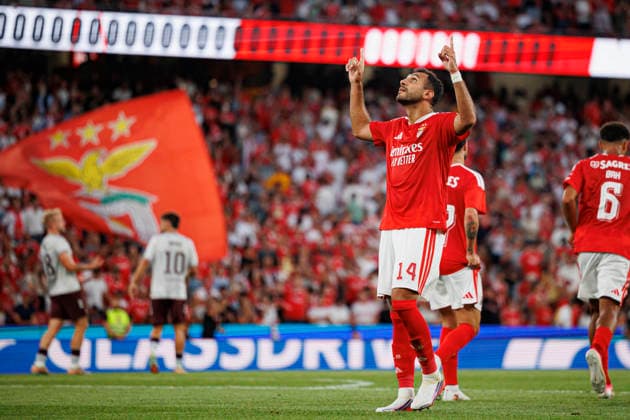August 6, 2026, Lisbon, Portugal: Vangelis Pavlidis (SL Benfica) seen celebrating after scoring a goal during the UEFA Europa League third round qualifying game between teams of SL Benfica and Heart of Midlothian FC at Estadio Da Luz. Final score; SL Benfica 6:1 Heart of Midlothian FC SL Benfica Vs Heart Of Midlothian FC In Lisbon - 06 Aug 2026  - ZUMAs197 20260806_aaa_s197_235 Copyright: xMaciejxRogowskix