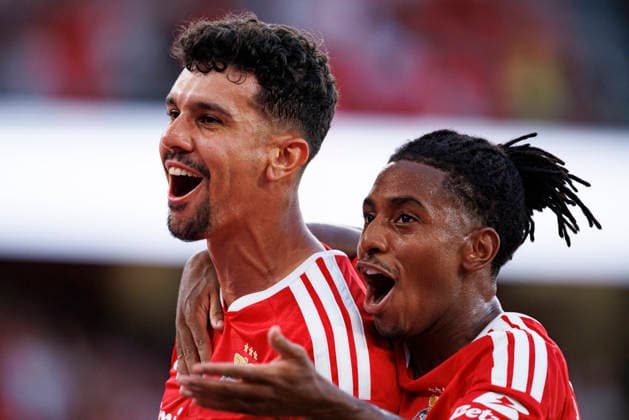 Tomas Araujo and Leandro Barreiro seen celebrating after scoring goal during UEFA Europa League qualifying game between teams of SL Benfica and Heart of Midlothian FC (Maciej Rogowski Ball Raw Images PT) Lisbon Estadio Da Luz Portugal Copyright: xMaciejxRogowskix maciejrogowski_slbenfica_hearts_2627_5-100