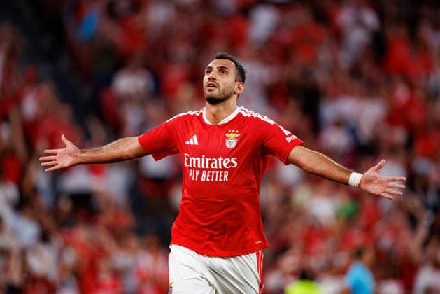 Vangelis Pavlidis seen celebrating after scoring goal during UEFA Europa League qualifying game between teams of SL Benfica and Heart of Midlothian FC (Maciej Rogowski Ball Raw Images PT) Lisbon Estadio Da Luz Portugal Copyright: xMaciejxRogowskix maciejrogowski_slbenfica_hearts_2627_5-123