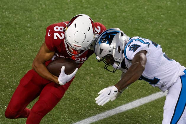 CANTON, OH - AUGUST 06: Arizona Cardinals wide receiver Reggie Virgil (82) is tackled by Carolina Panthers cornerback Corey Thornton (31) during the second quarter of the National Football League preseason game between the Carolina Panthers and Arizona Cardinals on August 6, 2026, at the Tom Benson Hall of Fame Stadium in Canton, OH. (Photo by Frank Jansky Icon Sportswire) NFL, American Football Herren, USA AUG 06 Hall of Fame Game - Panthers vs Cardinals EDITORIAL USE ONLY Icon26080608