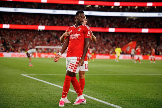 Jhon Duran seen celebrating after scoring goal during UEFA Europa League qualifying game between teams of SL Benfica and Heart of Midlothian FC (Maciej Rogowski Ball Raw Images PT) Lisbon Estadio Da Luz Portugal Copyright: xMaciejxRogowskix maciejrogowski_slbenfica_hearts_2627_5-306