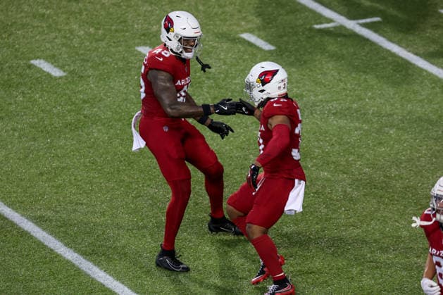 CANTON, OH - AUGUST 06: Arizona Cardinals running back Corey Kiner (37) celebrates with Arizona Cardinals tight end Rivaldo Fairweather (45) after scoring on a 1-yard run during the second quarter of the National Football League preseason game between the Carolina Panthers and Arizona Cardinals on August 6, 2026, at the Tom Benson Hall of Fame Stadium in Canton, OH. (Photo by Frank Jansky Icon Sportswire) NFL, American Football Herren, USA AUG 06 Hall of Fame Game - Panthers vs Cardinals EDITORIAL USE ONLY Icon26080647