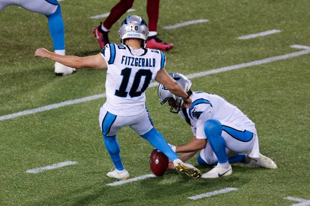 CANTON, OH - AUGUST 06: Carolina Panthers kicker Ryan Fitzgerald (10) kicks an extra point during the second quarter of the National Football League preseason game between the Carolina Panthers and Arizona Cardinals on August 6, 2026, at the Tom Benson Hall of Fame Stadium in Canton, OH. (Photo by Frank Jansky Icon Sportswire) NFL, American Football Herren, USA AUG 06 Hall of Fame Game - Panthers vs Cardinals EDITORIAL USE ONLY Icon26080656