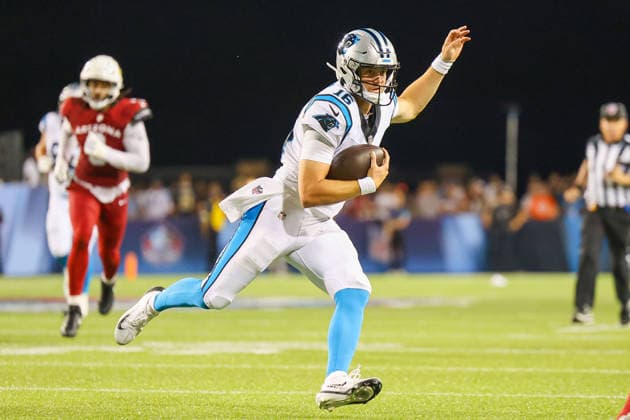August 6, 2026, Canton, Ohio, USA: Carolina Panthers quarterback MIKE WHITE (16) runs the ball at the 2026 Pro Football Hall of Fame Game between the Carolina Panthers and Arizona Cardinals at Tom Benson Hall of Fame Stadium on August 6, 2026 in Canton, Ohio. Canton USA - ZUMAs335 20260806_znp_s335_002 Copyright: xMatthewxSmithx