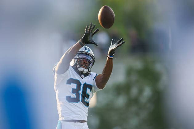 August 6, 2026, Canton, Ohio, USA: Carolina Panthers safety DEMANI RICHARDSON (36) reaches for the ball prior to the 2026 Pro Football Hall of Fame Game between the Carolina Panthers and Arizona Cardinals at Tom Benson Hall of Fame Stadium on August 6, 2026 in Canton, Ohio. Canton USA - ZUMAs335 20260806_znp_s335_008 Copyright: xMatthewxSmithx