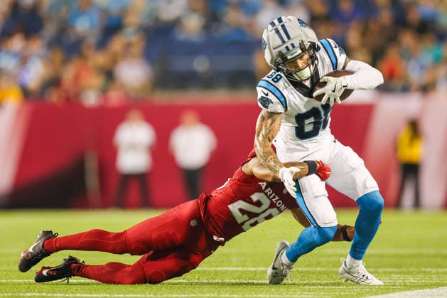 August 6, 2026, Canton, Ohio, USA: Carolina Panthers wide receiver CASEY WASHINGTON (88) is tackled by Arizona Cardinals cornerback ELIJAH JONES (28) at the 2026 Pro Football Hall of Fame Game between the Carolina Panthers and Arizona Cardinals at Tom Benson Hall of Fame Stadium on August 6, 2026 in Canton, Ohio. Canton USA - ZUMAs335 20260806_znp_s335_035 Copyright: xMatthewxSmithx
