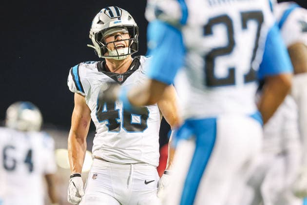 August 6, 2026, Canton, Ohio, USA: Carolina Panthers player celebrates at the 2026 Pro Football Hall of Fame Game between the Carolina Panthers and Arizona Cardinals at Tom Benson Hall of Fame Stadium on August 6, 2026 in Canton, Ohio. NFL, American Football Herren, USA 2026: Hall Of Fame Game - Carolina Panthers Vs. Arizona Cardinals - NFL Preseason 2026  - ZUMAs335 20260806_znp_s335_031 Copyright: xMatthewxSmithx