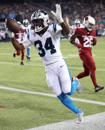 Carolina Panthers Anthony Tyus (34) celebrates a fourth quarter touchdown against the Arizona Cardinals during the Pro Football Hall of Fame Game in Canton, Ohio, on Thursday, August 6, 2026.  CAN20260806122 AARONxJOSEFCZYK