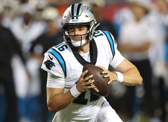 Carolina Panthers quarterback Haynes King (16) looks to throw a pass during the fourth quarter of the Panthers preseason game against the Arizona Cardinals in the Pro Football Hall of Fame Game in Canton, Ohio, on Thursday, August 6, 2026.  CAN20260806129 AARONxJOSEFCZYK