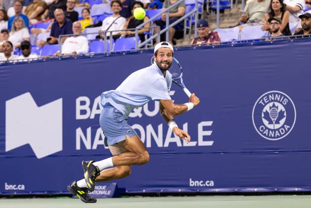 August 6, 2026, Montreal, Quebec, Canada: TITOUAN DROGUET from France backhand in match against Brandon Nakashima (28) from USA in third round at Canadian Open at IGA stadium in Montreal, Quebec, Canada on 2026-08-06 Montreal Canada - ZUMAl189 20260806_zsp_l189_144 Copyright: xYannickxLegarex
