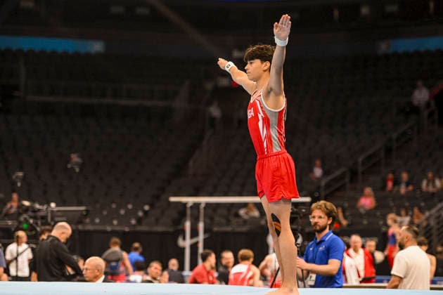 Gymnastics: Gymnastics: Xfinity US Gymnastics Championships Dominick Camare of HGA competes on floor exercise in the junior division of the Xfinity USA Gymnastics Championship at the Mortgage Matchup Center in Phoenix, Arizona, Thursday, August 6, 2026. (Thomas Fernandez Image of . Phoenix Arizona United States EDITORIAL USE ONLY Copyright: xx ThomasxFernandezx iosphotos417334