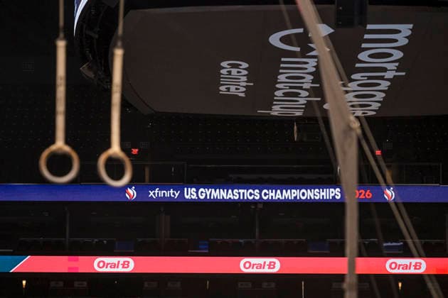 Gymnastics: Gymnastics: Xfinity US Gymnastics Championships The rings hang still before still rings exercise in the junior division of the Xfinity USA Gymnastics Championship at the Mortgage Matchup Center in Phoenix, Arizona, Thursday, August 6, 2026. (Thomas Fernandez Image of . Phoenix Arizona United States EDITORIAL USE ONLY Copyright: xx ThomasxFernandezx iosphotos417392