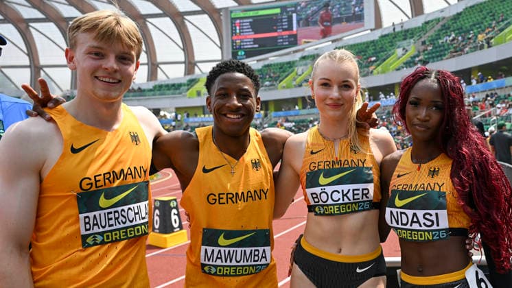 World Athletics U20 Championships Oregon 2026 EUGENE, UNITED STATES OF AMERICA - AUGUST 6, 2026 : Jakob Bauerschlag, Alvin Mawumba, Anne Böcker, Daryl Ndasi (GER) during the World Athletics U20 Championships Oregon 2026 at Hayward Field on August 6, 2026 in Eugene, United States Of America. *** World Athletics U20 Championships Oregon 2026 EUGENE, UNITED STATES OF AMERICA AUGUST 6, 2026 Jakob Bauerschlag, Alvin Mawumba, Anne Böcker, Daryl Ndasi (GER) during the World Athletics U20 Championships Oregon 2026 at Hayward Field on August 6, 2026, in Eugene, United States of America Copyright: xBEAUTIFULxSPORTS DecaxText&Bildx