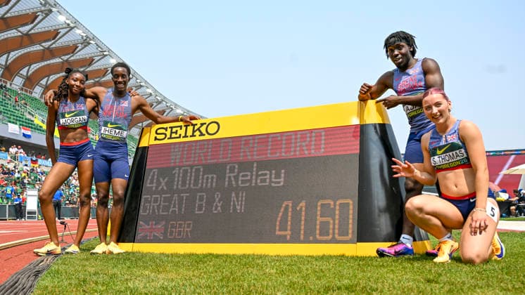 World Athletics U20 Championships Oregon 2026 EUGENE, UNITED STATES OF AMERICA - AUGUST 6, 2026 : 4x100m World Record of Great Britain competing during the World Athletics U20 Championships Oregon 2026 at Hayward Field on August 6, 2026 in Eugene, United States Of America. *** World Athletics U20 Championships, Oregon 2026, EUGENE, UNITED STATES OF AMERICA AUGUST 6, 2026 Great Britain’s 4x100m world record-holding team competing during the World Athletics U20 Championships Oregon 2026 at Hayward Field on August 6, 2026, in Eugene, United States of America Copyright: xBEAUTIFULxSPORTS DecaxText&Bildx
