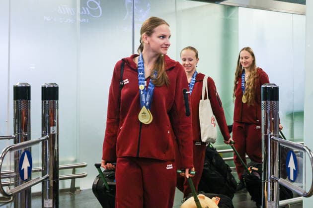 RUSSIA, MOSCOW - AUGUST 7, 2026: Athletes of the Russian national synchronised swimming team arrive at Vnukovo Airport. The team returned from France after the 2026 European Aquatics Championships, held in Paris from July 31 to August 16, having won three gold, one silver, and three bronze medals. Russian athletes performed in the event under a neutral status Russian Synchronised Swimming Team Arrive Home After 2026 European Aquatics Championships  - ZUMAt113 20260807_zaa_t113_007 Copyright: xVladimirxGerdox