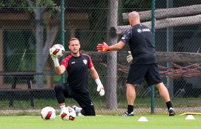 07.08.2026, Deutschland, Grassau, Fußball Bundesliga, Saison 2026 2027, Trainingslager VfB Stuttgart, v.l. Marius Funk, Kai Rabe *** August 7, 2026, Germany, Grassau, Bundesliga, 2026–2027 season, VfB Stuttgart training camp, from left: Marius Funk, Kai Rabe