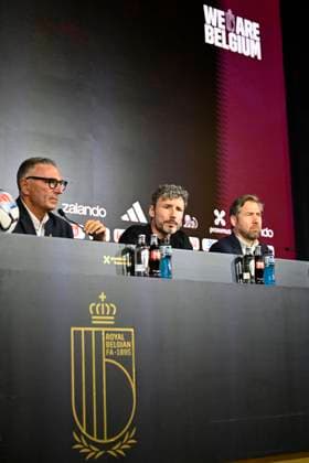 Presentation of Mark Van Bommel new head coach of the Belgian National Football Team TUBIZE, BELGIUM - AUGUST 07 : Steegen David Sports Communication Director of Royal Belgian Football Federation and Mannaert Vincent sports director of Royal Belgian Football Federation during the Official presentation of Mark Van Bommel as new federal head coach of the Belgian National football team at the Belgian National Football center on August 07, 2026 in Tubize, Belgium, 07 08 2026 Tubize Belgium  Copyright: xNicoxVereeckenx