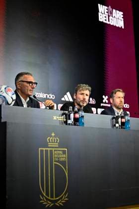 Presentation of Mark Van Bommel new head coach of the Belgian National Football Team TUBIZE, BELGIUM - AUGUST 07 : Steegen David Sports Communication Director of Royal Belgian Football Federation and Mannaert Vincent sports director of Royal Belgian Football Federation during the Official presentation of Mark Van Bommel as new federal head coach of the Belgian National football team at the Belgian National Football center on August 07, 2026 in Tubize, Belgium, 07 08 2026 Tubize Belgium  Copyright: xNicoxVereeckenx