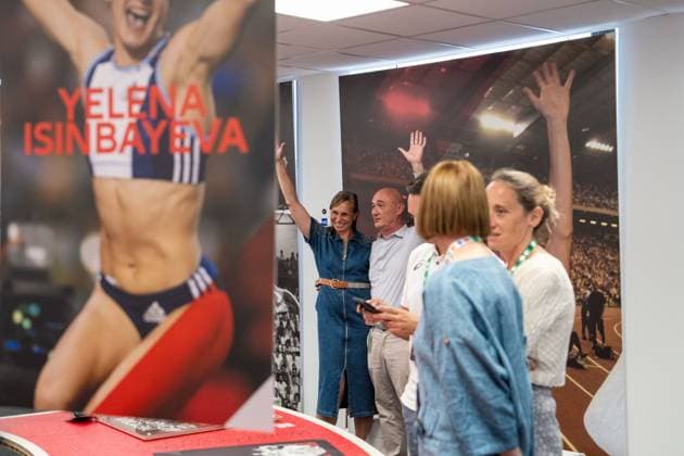 Former Belgian Athlete Kim Gevaert pictured during the preview of the exhibition from Ivo to Mondo on the history of the Memorial and life of Ivo Van Damme, on Friday 7 August 2026, in Brussels. The 50th edition of the Allianz Memorial Van Damme athletics meeting takes place on 4 and 5 September 2026. MARIUS BURGELMAN MariusxBurgelman  x182895827x