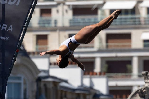 First day of Women 20m high diving final European Aquatics Championships - Paris Switzerland s Morgane Herculano dive during the first day of Women’s 20m high diving final event during the LEN European Aquatics Championships in the Seine river in Paris on August 7, 2026. Photo by Raphael Lafargue ABACAPRESS.COM Paris France  Copyright: xLafarguexRaphael ABACAx