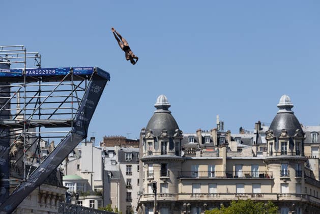 First day of Women 20m high diving final European Aquatics Championships - Paris Germany s Iris Corinna Schmidbauer dive during the first day of Women’s 20m high diving final event during the LEN European Aquatics Championships in the Seine river in Paris on August 7, 2026. Photo by Raphael Lafargue ABACAPRESS.COM Paris France  Copyright: xLafarguexRaphael ABACAx