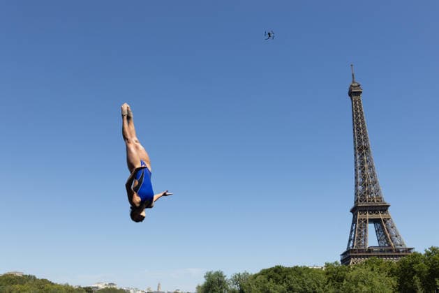 First day of Women 20m high diving final European Aquatics Championships - Paris Ukraine s Nelli Chukanivska dive with the Eiffel Tower in the background during the first day of Women’s 20m high diving final event during the LEN European Aquatics Championships in the Seine river in Paris on August 7, 2026. Photo by Raphael Lafargue ABACAPRESS.COM Paris France  Copyright: xLafarguexRaphael ABACAx