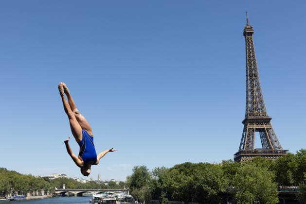 First day of Women 20m high diving final European Aquatics Championships - Paris Ukraine s Nelli Chukanivska dive with the Eiffel Tower in the background during the first day of Women’s 20m high diving final event during the LEN European Aquatics Championships in the Seine river in Paris on August 7, 2026. Photo by Raphael Lafargue ABACAPRESS.COM Paris France  Copyright: xLafarguexRaphael ABACAx