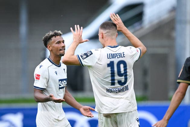 SOCCER - Hoffenheim vs Gladbach, test match SCHWAZ,AUSTRIA,07.AUG.26 - SOCCER - 1. DFL, 1. Deutsche Bundesliga, TSG Hoffenheim vs Borussia Mönchengladbach, test match. Image shows the rejoicing of Bambase Conte and Tim Lemperle (Hoffenheim).  GEPAxpictures xDanielxSchoenherr
