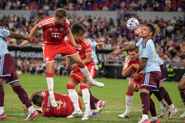 August 7, 2026, Hong Kong, Hong Kong: Aston Villa Players manage to stop the corner from Tom BISHOFF during the Bayern Munich 2-1 win in the pre season 2026-2027 match in Hong Kong. Audi Football Summit Bayern Munich vs Aston Villa Hong Kong Audi Football Summit Bayern Munich Vs Aston Villa Hong Kong  - ZUMAr144 20260807_zap_r144_040 Copyright: xJaynexRussellx