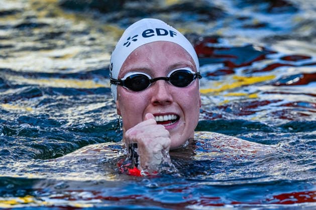 Isabel Gose of Germany celebrates after winning the gold medal in the Open Water Women s 3km Knockout Sprint Final during the European Aquatics Championships at the Olympic Aquatic Center in Paris (France), August 7, 2026. Andrea Masini Deepbluemedia Insidefoto